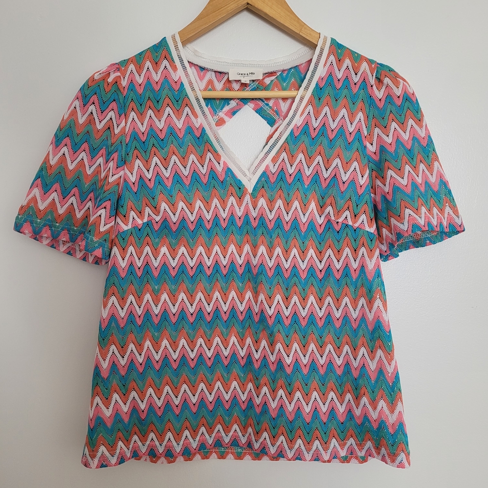 Grace & Mila Colorful Women's V-neck Blouse Crochet Boho Chic Size S